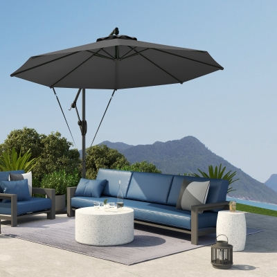 Outsunny 118.1" Patio Offset Umbrella with Cover and Wind Protection Strap,with Crank Handle and Tilt, UPF50+, Grey