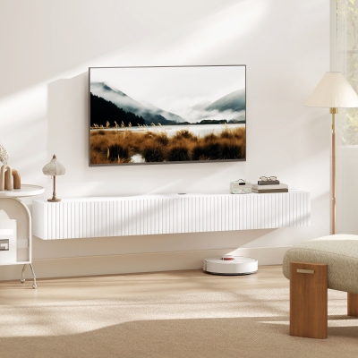 HOMCOM 71" Floating TV Stand for TVs up to 72 Inch, Wall Mount Media Console with 2 Fluted Flip-Down Doors, Cable Hole, White