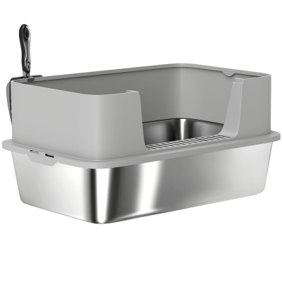 PawHut Stainless Steel Litter Box, XL High Sided Cat Litter Box with Scoop, Anti Leakage & Easy to Clean, 24" x 16" x 12", Grey