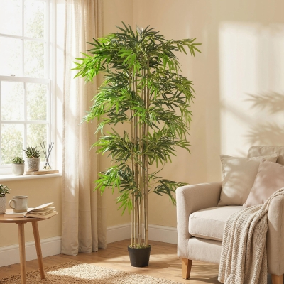 Outsunny 6FT Artificial Bamboo Tree, Fake Plant with 1530 Leaves, Greenery Plant in Nursery Pot for Indoor, Green