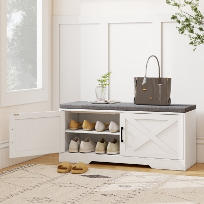 HOMCOM Shoe Bench with Cushion Shoe Storage Bench with Doors Adjustable Shelves for Entryway, White