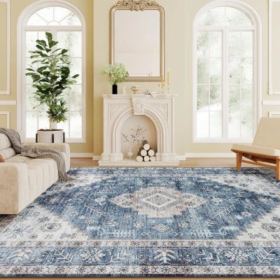 HOMCOM 9x12 Area Rug, Vintage Machine Washable Rug, Non-Slip Floor Carpet for Living Room, Bedroom, Dining Room, Blue