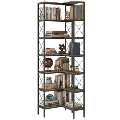 HOMCOM 6-Tier L-Shaped Bookshelf, Freestanding Corner Bookcase with Metal Frame, Rustic Brown