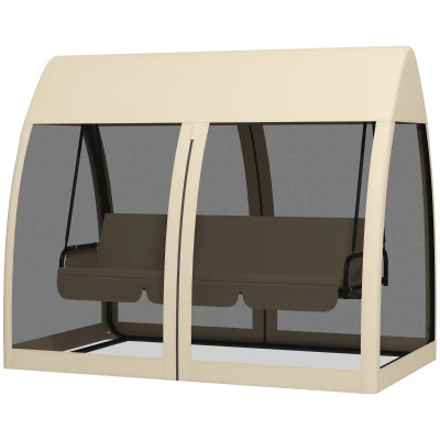 Outsunny 3-Seater Outdoor Swing Chair Chaise Lounger Bed Garden Hammock with Steel Stand, Canopy Netting Walls, Beige