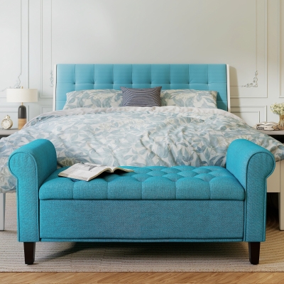 HOMCOM 50 Inches Storage Ottoman, Upholstered Bedroom Bench with Rolled Arms and Button Tufted Storage, Teal