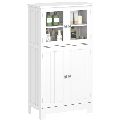 kleankin Bathroom Floor Storage Cabinet with Tempered Glass Doors and Adjustable Shelf, Kitchen Cupboard, Free Standing Organizer for Living Room Entryway, White
