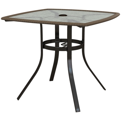 Outsunny 34" Square Outdoor Dining Table, Patio Table with Umbrella Hole, Water-Grain Glass Top Coffee Table for Balcony, Poolside, Dark Brown