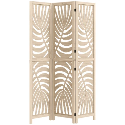 HOMCOM 3 Panel Room Divider, Detachable Folding Privacy Screens with Palm Leaf Design for Home Office, Natural Wood Finish