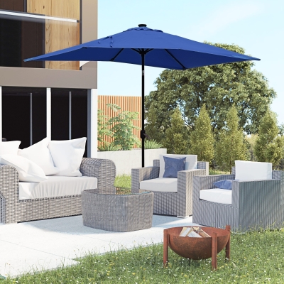 Outsunny 6' x 10' Patio Umbrella with 22 LED Solar Lights and Tilt, Rectangular Outdoor Table Umbrella with Crank, Dark Blue