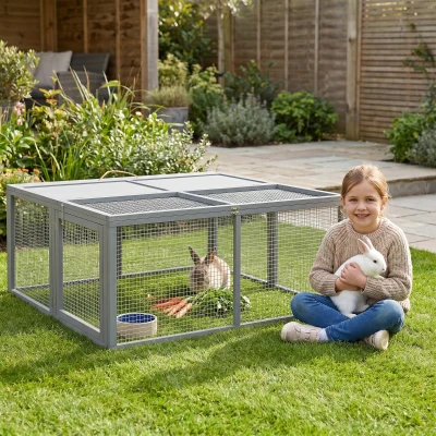 PawHut Wooden Folding Rabbit Hutch for 2-3 Rabbits, Gray