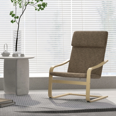 HOMCOM Modern Accent Chair, Linen-Feel Upholstered Living Room Chair with Wood Curved Legs for Balcony, Dark Brown