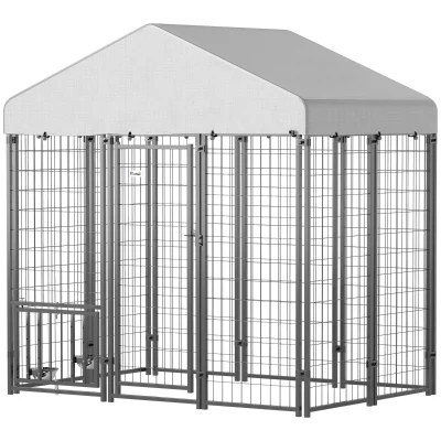 PawHut Outdoor Dog Kennel with Waterproof UV-Resistant Cover, Rotating & 4-Level Adjustable Feeding Bowls, 5.9 x 4 x 6 ft