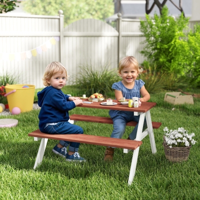 Outsunny Kids Outdoor Table Set Wooden Toddler Picnic Table and Benches for 4 Kids 3-8 Years, Easy Installation, Natural Wood