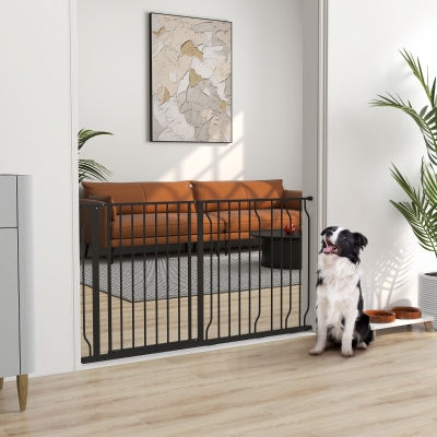 PawHut 30"- 57" Easy Install Pet Gate w/ Door & Double Locking System, Extra Wide Dog Gate for Stairs, Hallways, Black