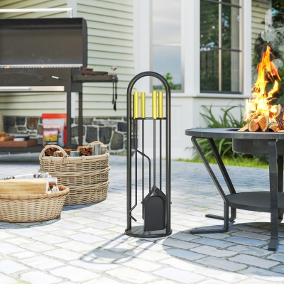 Outsunny Fireplace Tools Set, 5 Pieces Fireside Accessories with Brush, Shovel, Poker, A Pair of Tongs, Stand, Gold