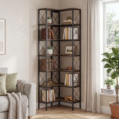 HOMCOM 6-Tier L-Shaped Bookshelf, Freestanding Corner Bookcase with Metal Frame, Rustic Brown