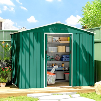 Outsunny 8' x 6' Outdoor Storage Shed, Metal Garden Tool Storage House with Lockable Sliding Doors and Vents, Green
