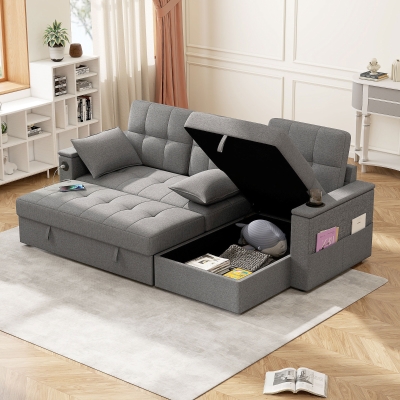 HOMCOM Convertible Sectional Sofa Bed, Pull Out Sleeper Sofa Couch with USB‑A+C, Chaise Storage, L-Shaped Futon Couch, Grey