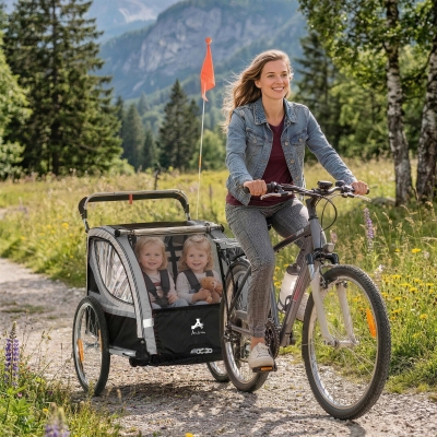 Aosom 2 Seat Bike Trailer for Kids 2-in-1 Baby Stroller with Handbrake, Rubber Wheels, 5 Point Harness, Reflectors, Grey