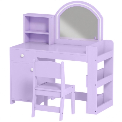 Qaba Kids Vanity Set, Toddler Dressing Table and Chair Set  with Lighted Mirror, Cabinet, Drawer and Shelves, Purple