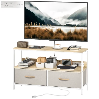 HOMCOM TV Stand with Charging Station, TV Table with 2 Foldable Linen Drawers and Open Shelf for 47 Inch TV, Oak