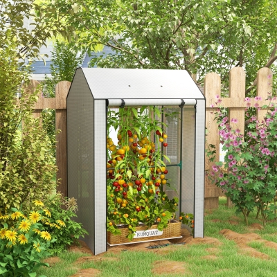 Outsunny Mini Greenhouse with 4 Wire Shelves, Portable Tomato Greenhouse with Roll Up Door, 39.4" x 31.5" x 59.1", White