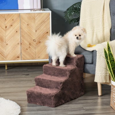 PawHut 4-Step Dog Ramp for Sofa, Bed, and Couch, with Removable Cover, Brown