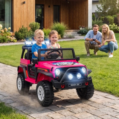 Qaba 12V 2-Seater Ride on Truck Car with Dual Motors, Remote, Soft Start, 4-Wheel Suspension, Lights, Music, USB, Horn, Pink