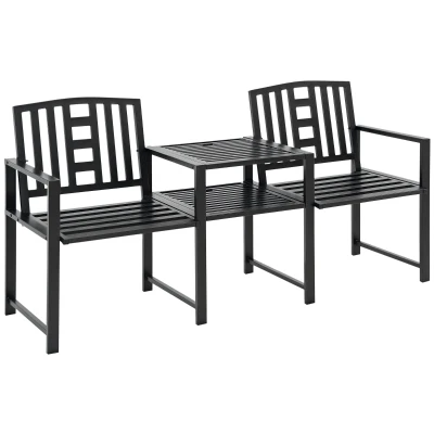Outsunny Steel Garden Bench w/ Middle Table, Umbrella Hole, Double Seat for Outdoor, Patio, Backyard  Weather-Resistant Frame, Black