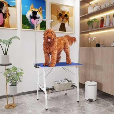 PawHut Dog Grooming Table w/ Adjustable Arm, Mesh Tray,  Two Nooses, Rubber Surface, 35" x 24" x 61", Blue