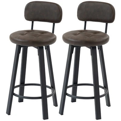 HOMCOM Bar Stools Set of 2, Upholstered Breakfast Bar Chairs with Footrest and Backrest for Kitchen Counter, Brown