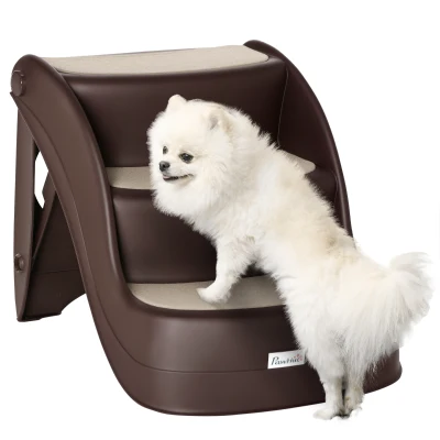PawHut Dog Stairs for Small Dogs 15"H, 3-Step Foldable Pet Step with Non-Slip Treads, for Injured, Old, Puppy, Cats, for High Bed, Sofa, Couch, Chair, Lightweight, Brown