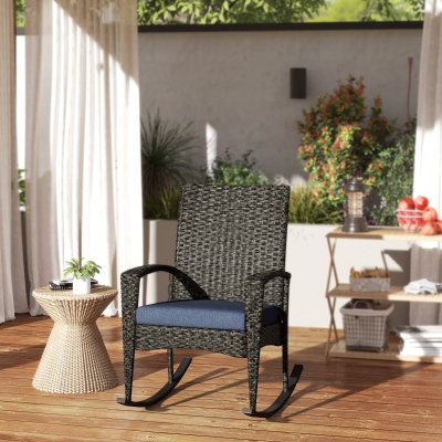 Outsunny Outdoor Rocking Chair, Patio Wicker Chair Removable Cushion, High Back and Armrests for Porch Balcony, Navy Blue