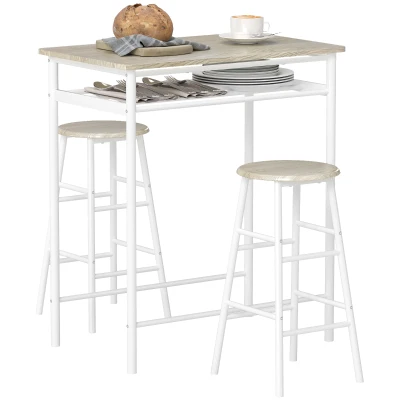 HOMCOM 3 Piece Counter Height Bar Table Set with 1 Table, 2 Matching Stools, Dining Table Set with Storage Shelf and Metal Frame Footrest, White and Oak