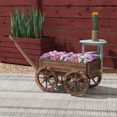 Outsunny Raised Garden Bed, Wooden Wagon Planter Boxes with Drainage Holes, for Vegetables Flowers Herbs, Carbonized