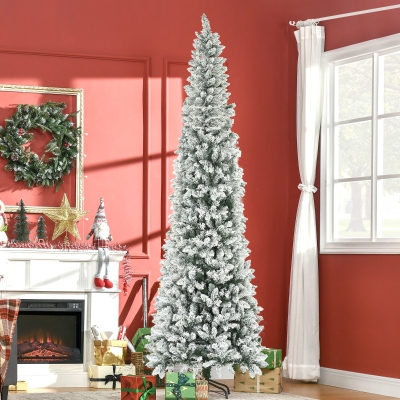 HOMCOM 9ft Pencil Christmas Tree, Flocked Tree with 1277 Branch Tips and Metal Base for Home, Indoor, Holiday