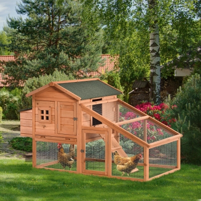 PawHut 69" Chicken Coop Wooden Hen House Rabbit Hutch Poultry Cage Pen Outdoor Backyard with Outdoor Run Resting Nesting Box Removable Tray Waterproof Asphalt Roof Lockable Door Yellow and Green