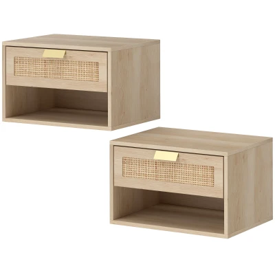 HOMCOM Floating Bedside Table Set of 2, Wall Mount Nordic Nightstands with Storage Drawer and Open Shelf for Bedroom, Oak