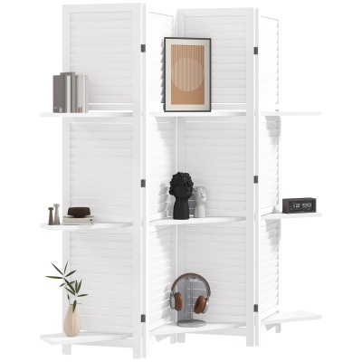 HOMCOM 4-Panel Wall Partition Room Separator with 3 Storage Shelves Foldable Design Wooden Frame 5.6FT White