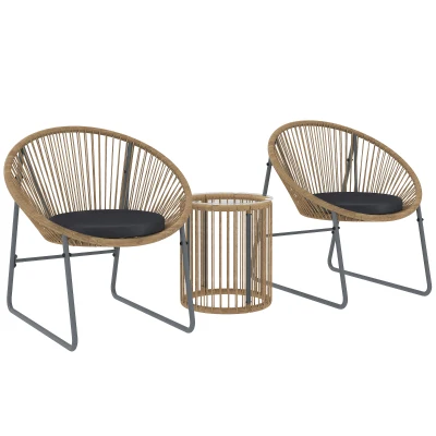 Outsunny Outdoor Bistro Set, 3 Piece Wicker Patio Furniture Set with 2 Chairs and Glass-Top Table, Natural Wood