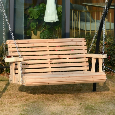 Outsunny 2 Seater Porch Swing Wooden Patio Swing Chair Seat with Cup Holder and Chains Outdoor Swing Bench for Garden Yard, Natural