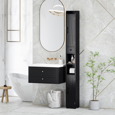 HOMCOM Narrow Bathroom Cabinet, Tall Bathroom Storage Cabinet with Barn Doors, Drawer and Adjustable Shelves, Black Wood Grain