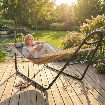 Outsunny Hammock with Stand, Heavy Duty Camping Hammock with Detachable Pillow and Spreader Bar, 264 lbs Capacity, Multicolor