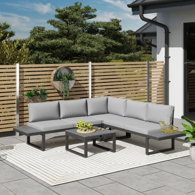 Outsunny 4 Pieces Outdoor Patio Furniture Set, 5-Level Reclining Garden Corner Sofa Set, Outdoor Lounge Conversation Sectional