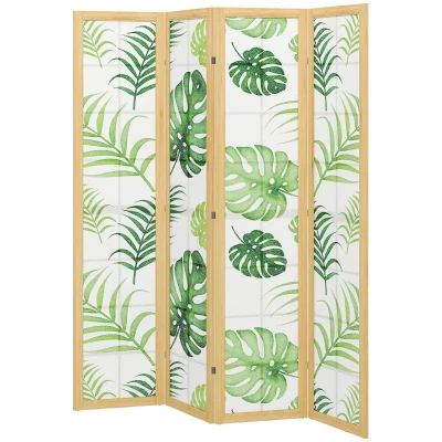 HOMCOM 4 Panel Folding Privacy Screen, 67" Room Divider with Palm Leaf Design for Living Room Bedroom, Natural and Green