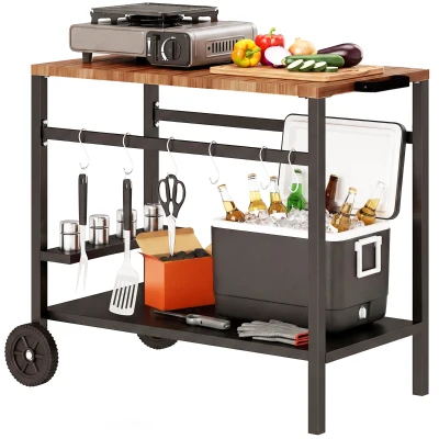 Outsunny Outdoor Grill Cart, 2-Tier Pizza Oven Stand, BBQ Stand with Beverage Holder, Hooks, Wheels, Black and Brown