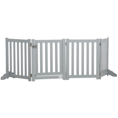 PawHut 23.5"H Foldable Dog Gate with Door, 4 Panels Freestanding Pet Gate Barriers Indoor with Support Feet, Puppy Fence for Dogs, Grey