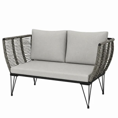 Outsunny Outdoor Couch Patio Sofa with Cushions, 2 Seater Patio Furniture Loveseat with Galvanized Steel Frame, Light Grey