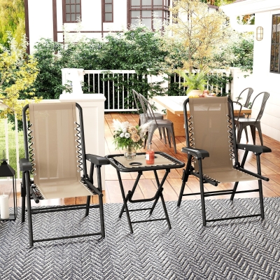 Outsunny 3 Pieces Patio Bistro Set, Outdoor Folding Table and Chairs Set, Metal Patio Furniture Set with Cup Holders, Khaki