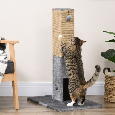 PawHut 31" Tall Cat Scratching Post for Indoor Cats with Hanging Balls, Grooming Brushes, Stable Base, Grey